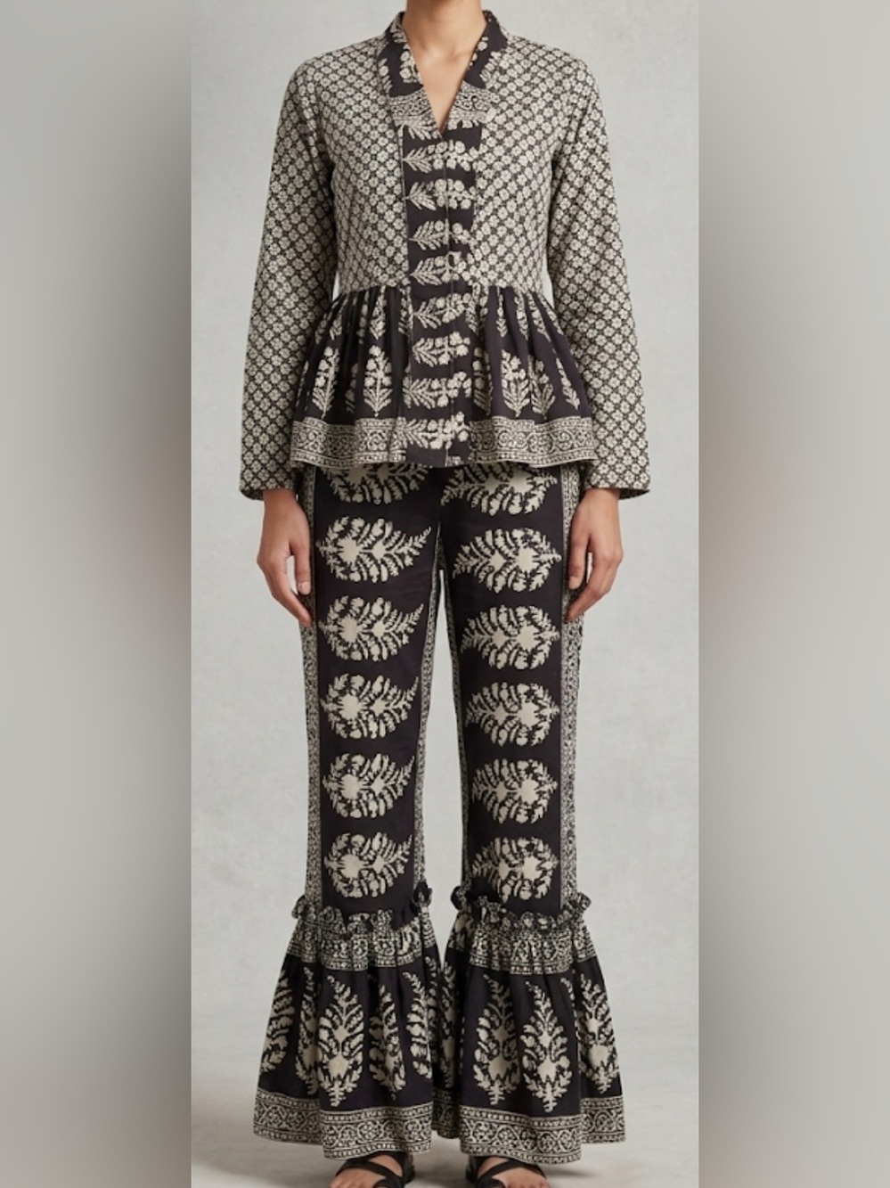 Vintage 70s Indian Cotton Block Print Peplum Top & Bell Bottom Set Small